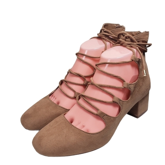 Aldo Tan Suede Round Closed Toe Lace Up Block Heel - Picture 1 of 10